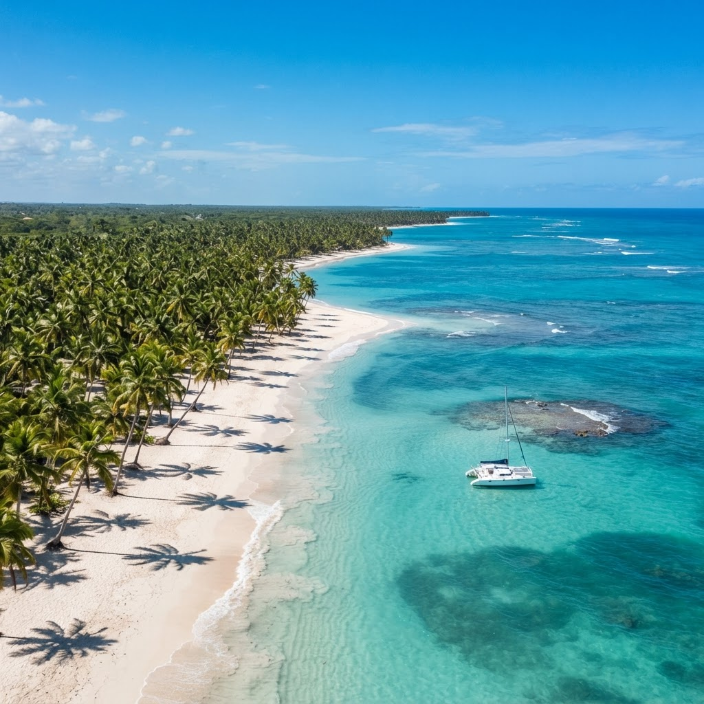 Playa de arena blanca con palmeras y aguas turquesas en Punta Cana